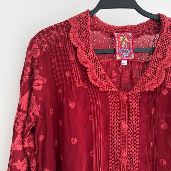 Johnny Was Sparrows Iliana Top Womens Small Red Embroidered Floral Boho Chic - Picture 2 of 15